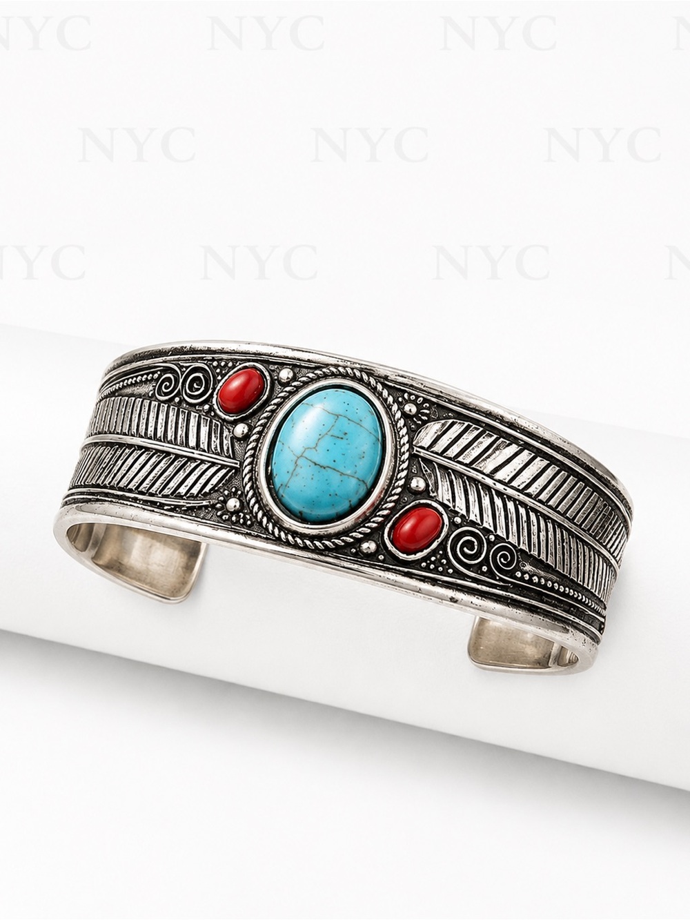 Turquoise & Coral Accent Silver-Tone Feather Cuff Bracelet